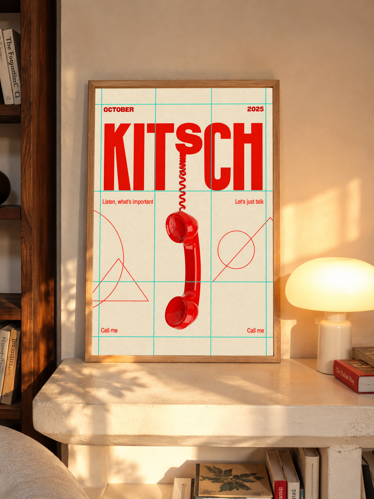 A red telephone receiver beneath Kitsch lettering on a mint grid and cream field in an oak frame above a pale wooden sideboard beside a glowing lamp