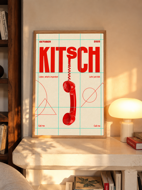 Framed telephone-themed poster with red handset graphic and mint grid on wall