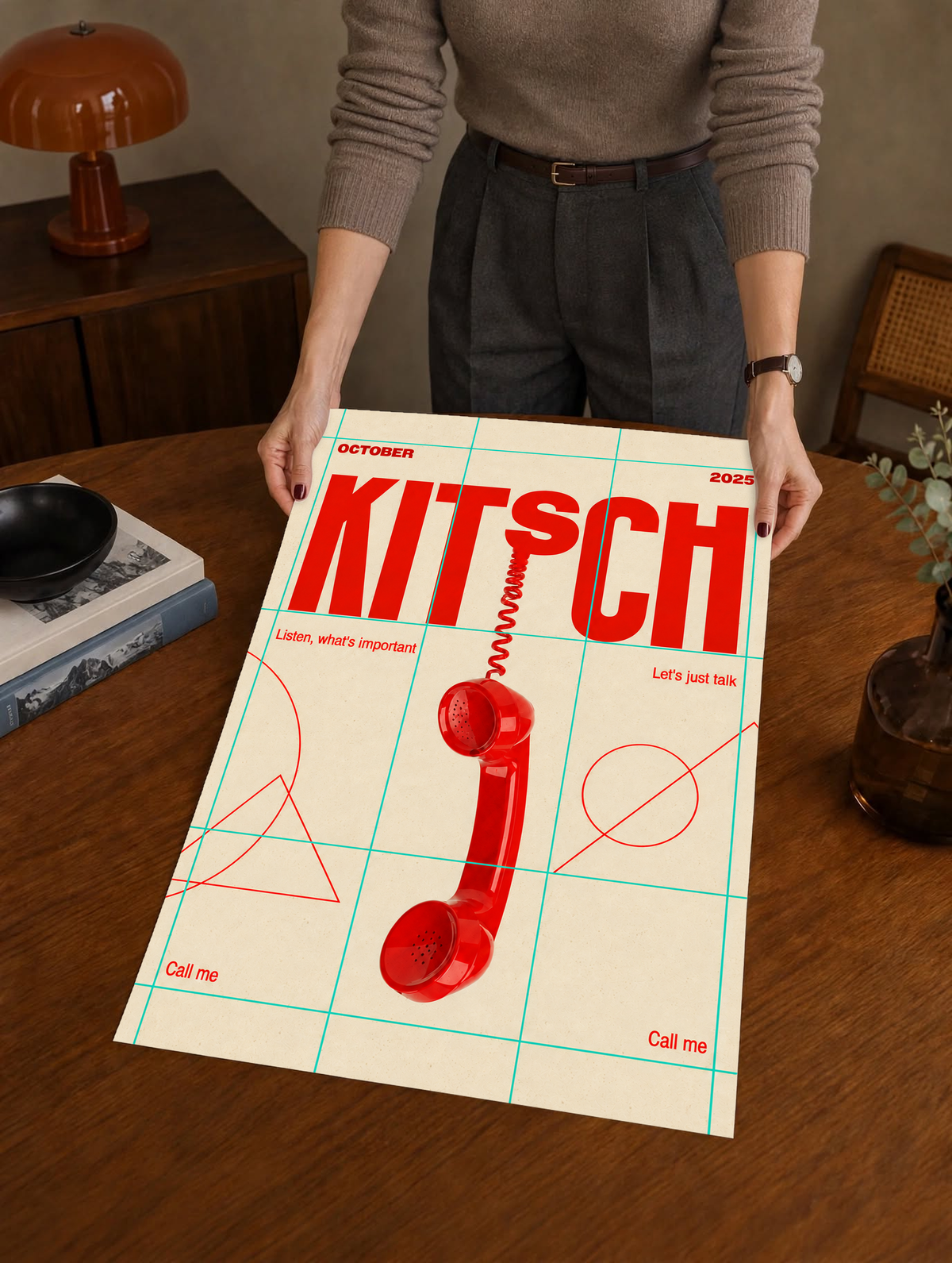 A red telephone receiver beneath Kitsch lettering on a mint grid and cream field as a large unframed poster held above a wooden desk