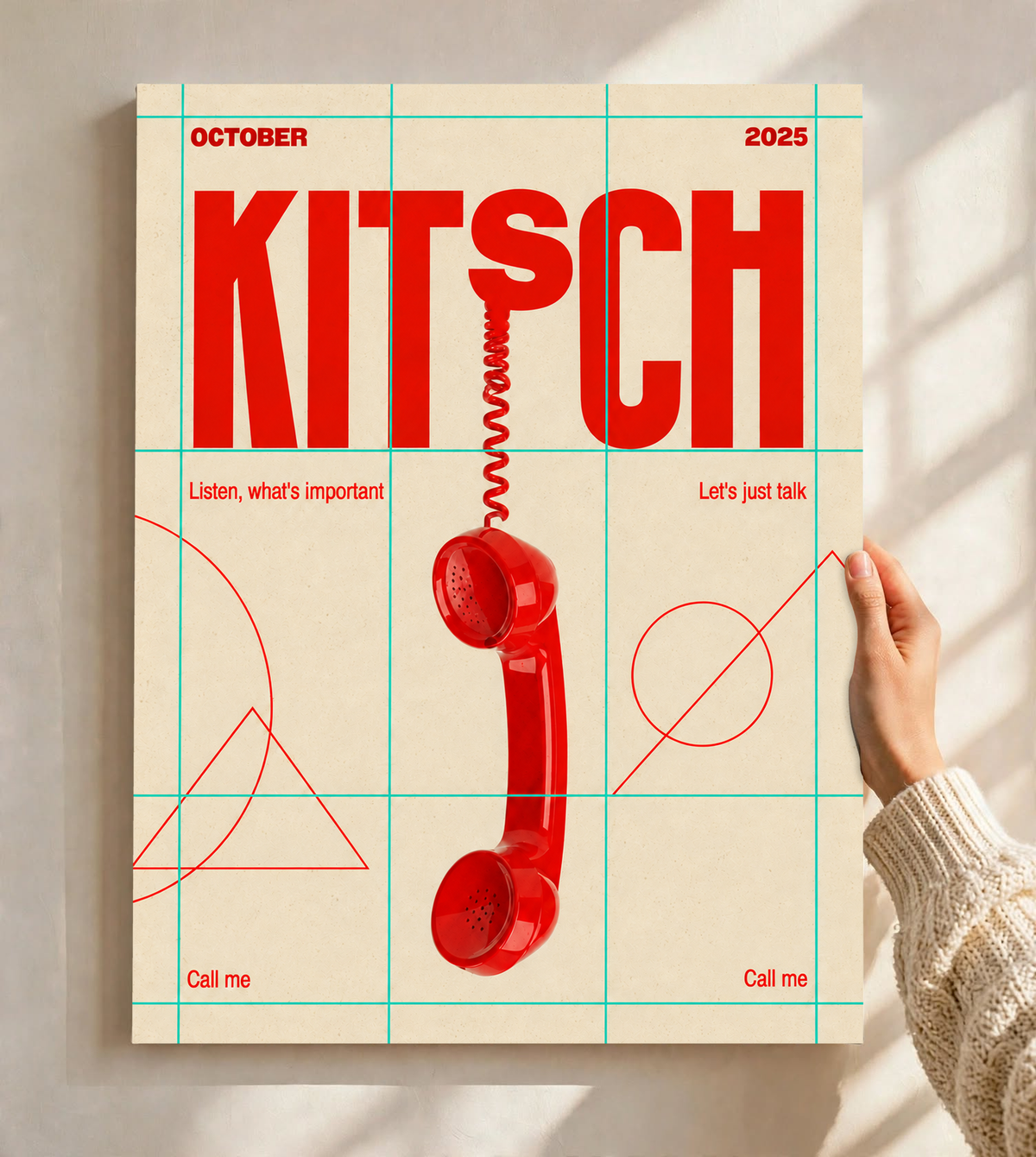 A red telephone receiver beneath Kitsch lettering on a mint grid and cream field as an unframed poster held against a pale sunlit wall