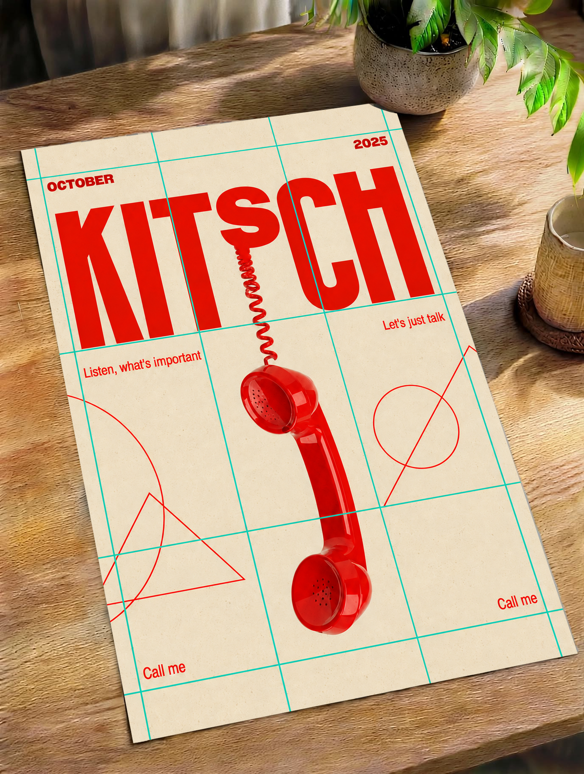 A red telephone receiver beneath Kitsch lettering on a mint grid and cream field as an unframed poster lying on a wooden table beside a plant