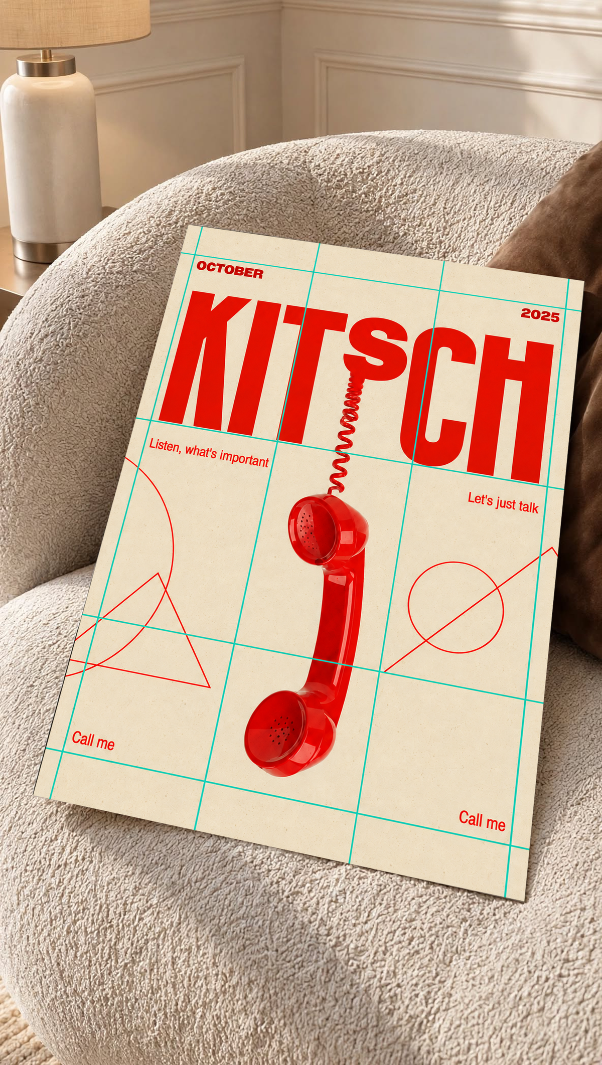 A red telephone receiver beneath Kitsch lettering on a mint grid and cream field as an unframed poster resting on a cream woven chair