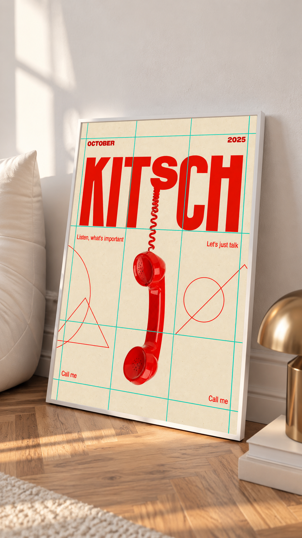 A red telephone receiver beneath Kitsch lettering on a mint grid and cream field in a white frame on a sunlit floor beside a white cabinet