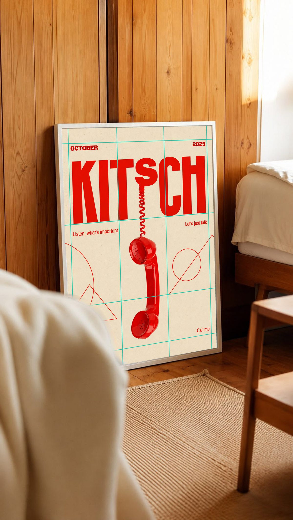 A red telephone receiver beneath Kitsch lettering on a mint grid and cream field in a white frame leaning against warm wooden wall panels
