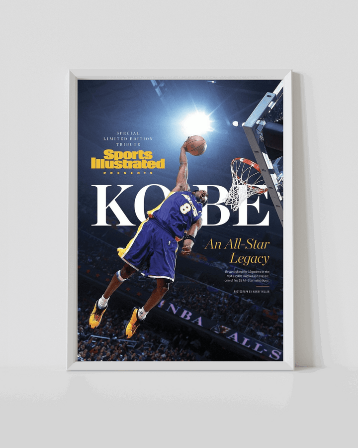 White-framed basketball poster with Kobe Bryant reaching for the hoop