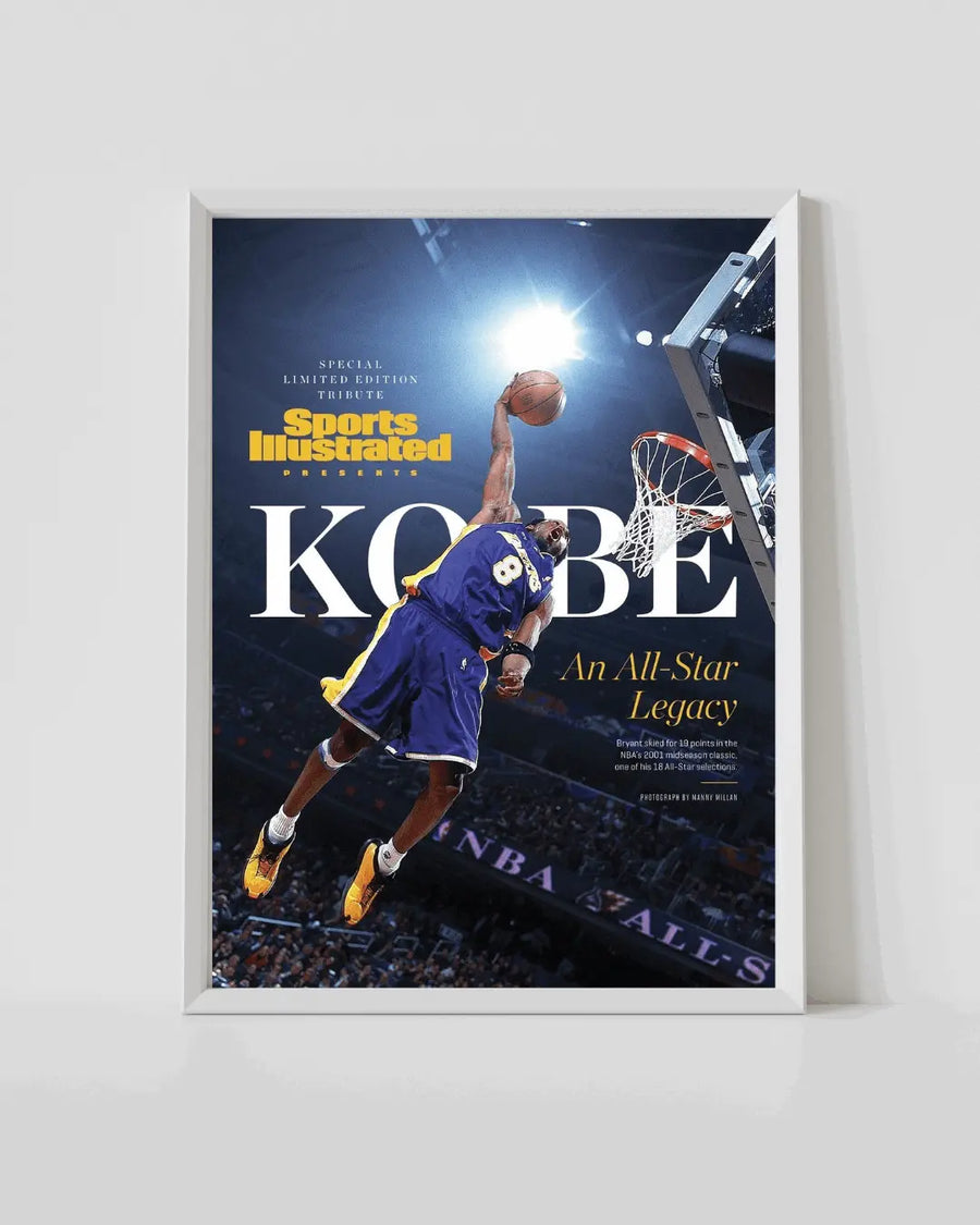 White-framed basketball poster with Kobe Bryant reaching for the hoop