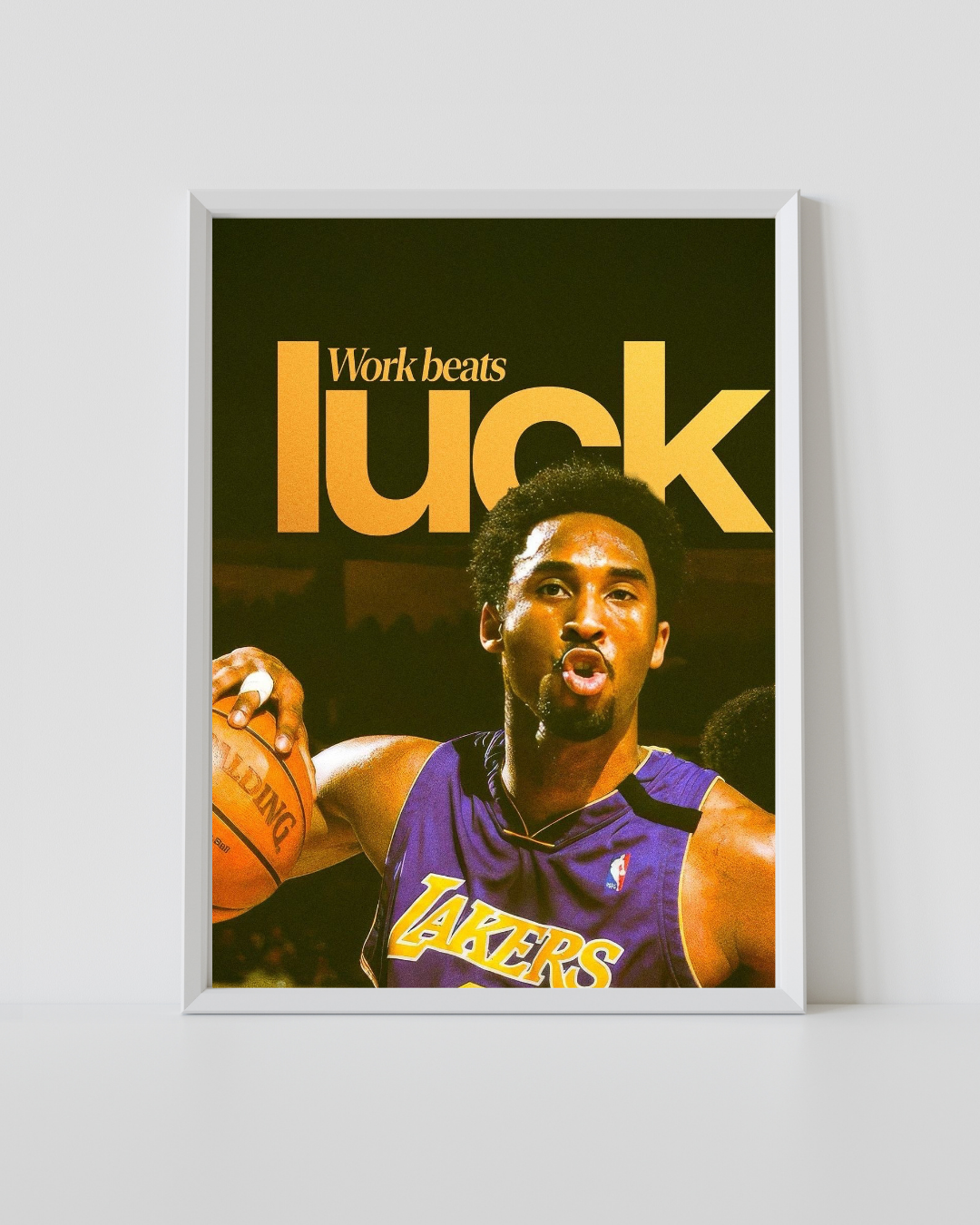 Kobe Bryant Work Beats Luck motivational basketball poster in a white frame