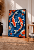 Framed koi pond art print with two red-and-white koi and orange maple leaves