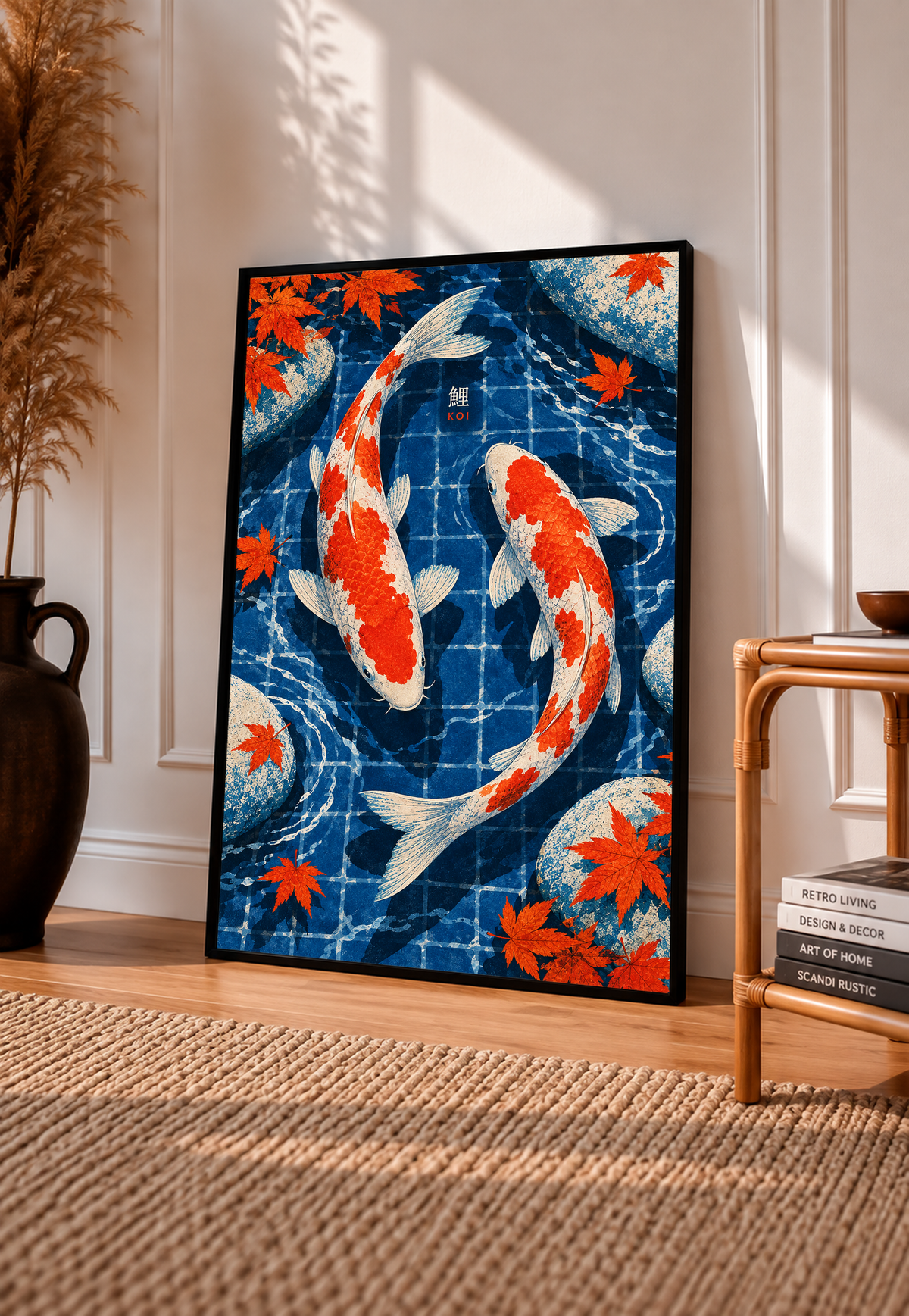 Framed koi pond art print with two red-and-white koi and orange maple leaves