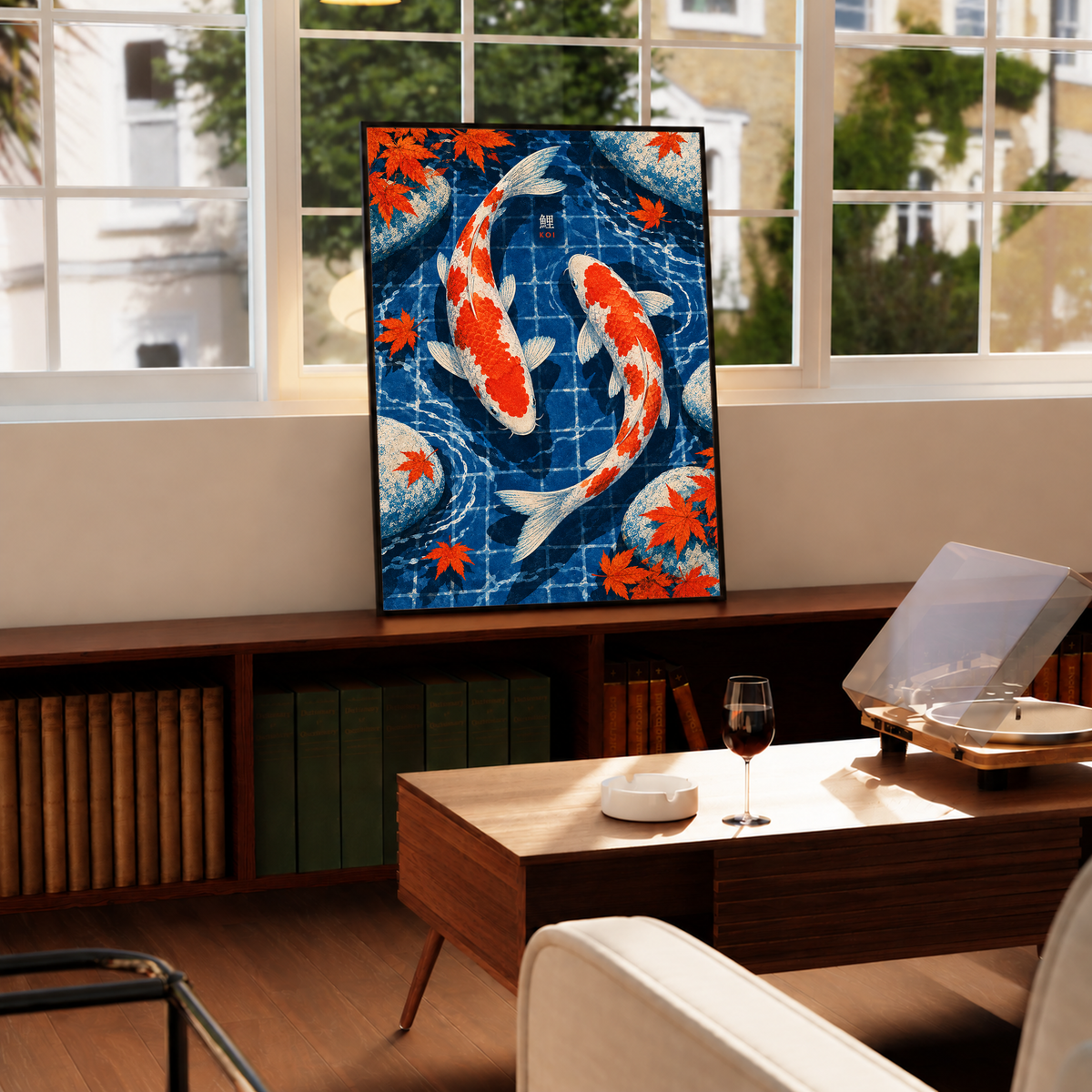 Koi pond art print on display with two red-and-white koi and orange maple leaves