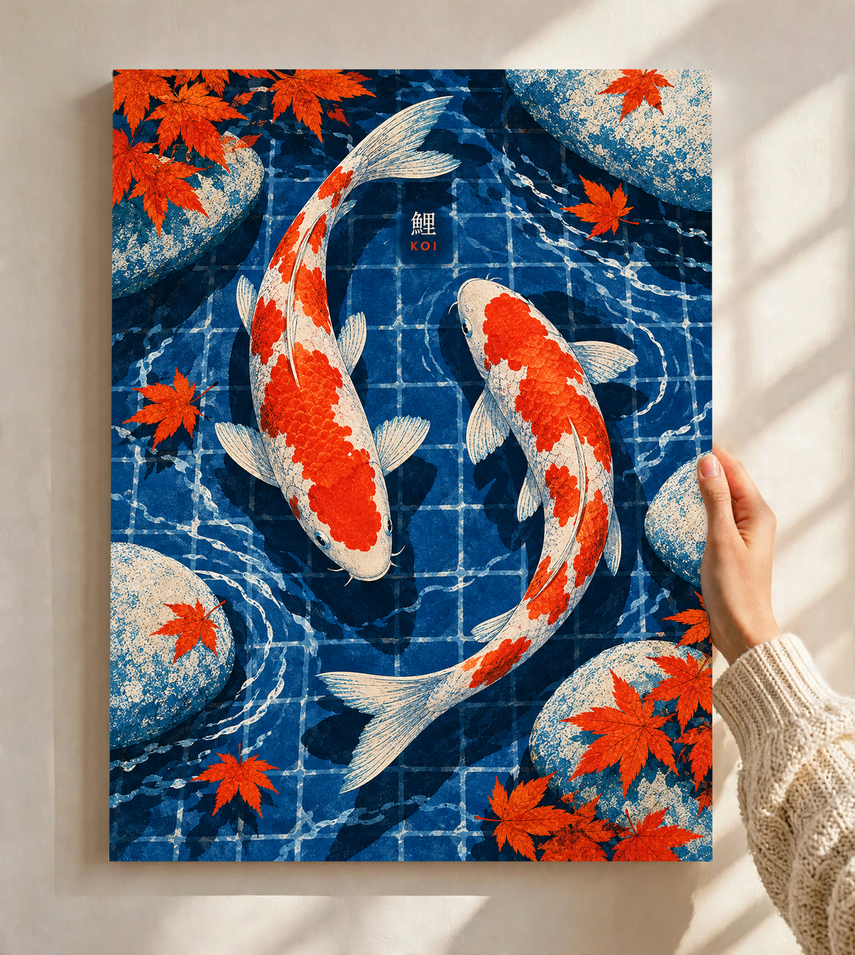 Koi pond art print featuring two red-and-white koi and scattered orange maple leaves