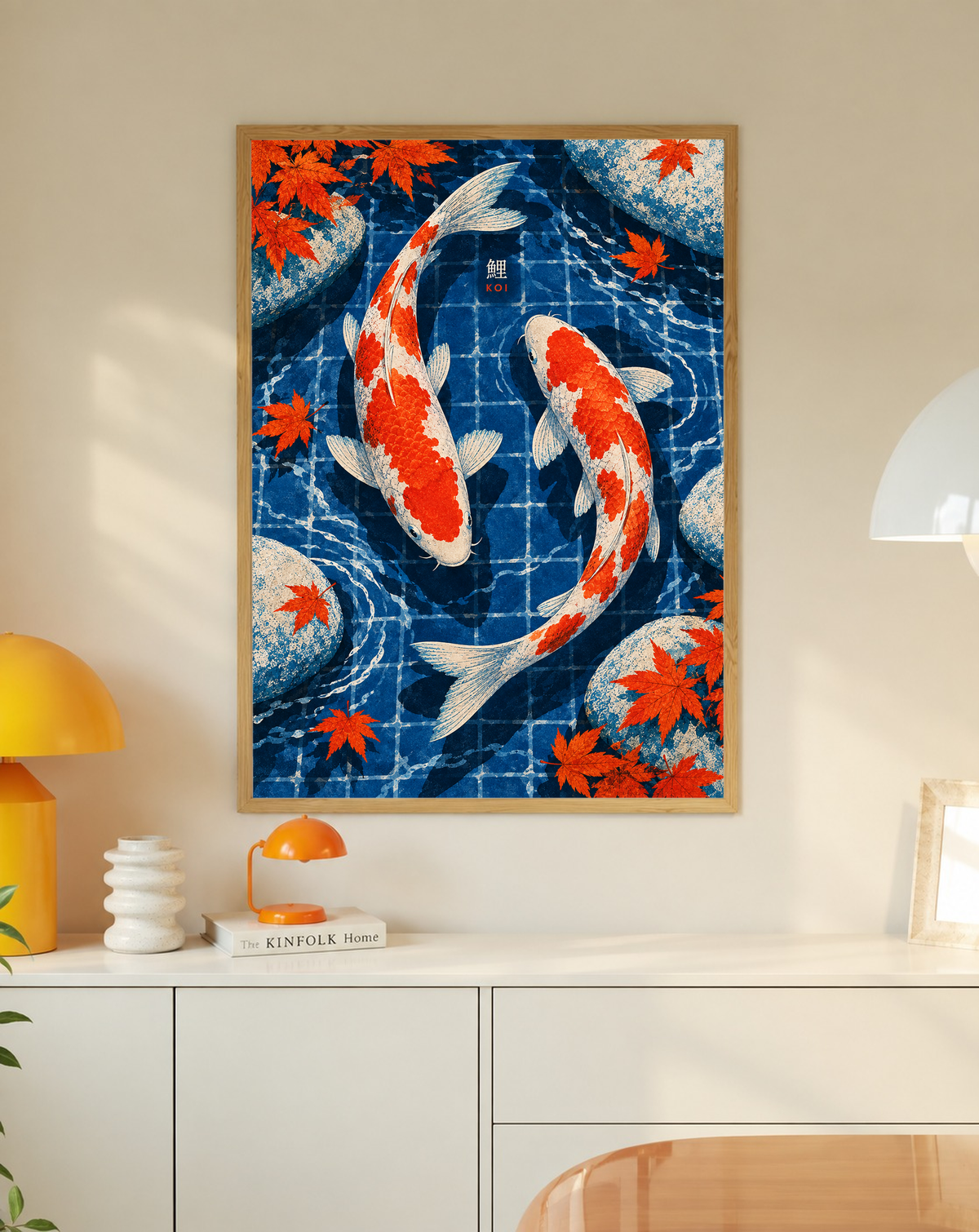 Wall-hung koi pond art print with two red-and-white koi fish and autumn maple leaves