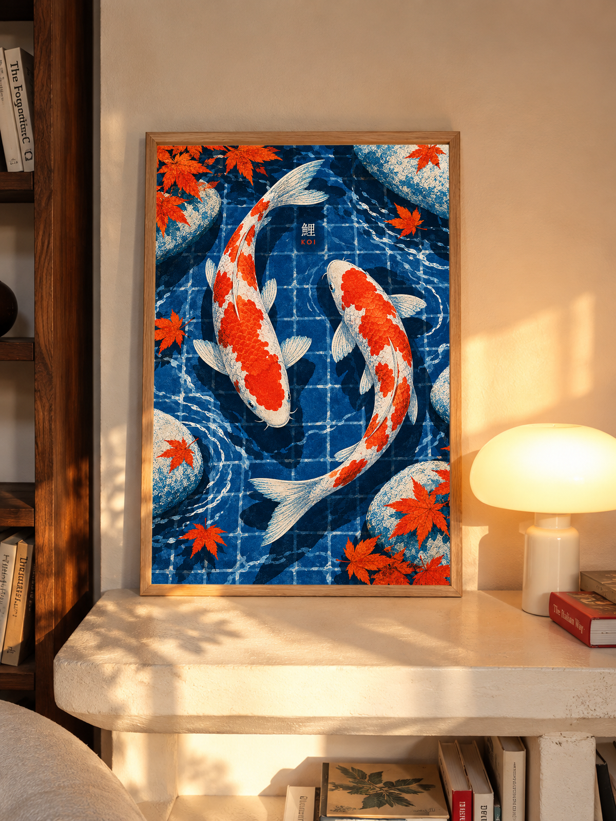 Koi pond art print with two red-and-white koi and orange maple leaves, framed