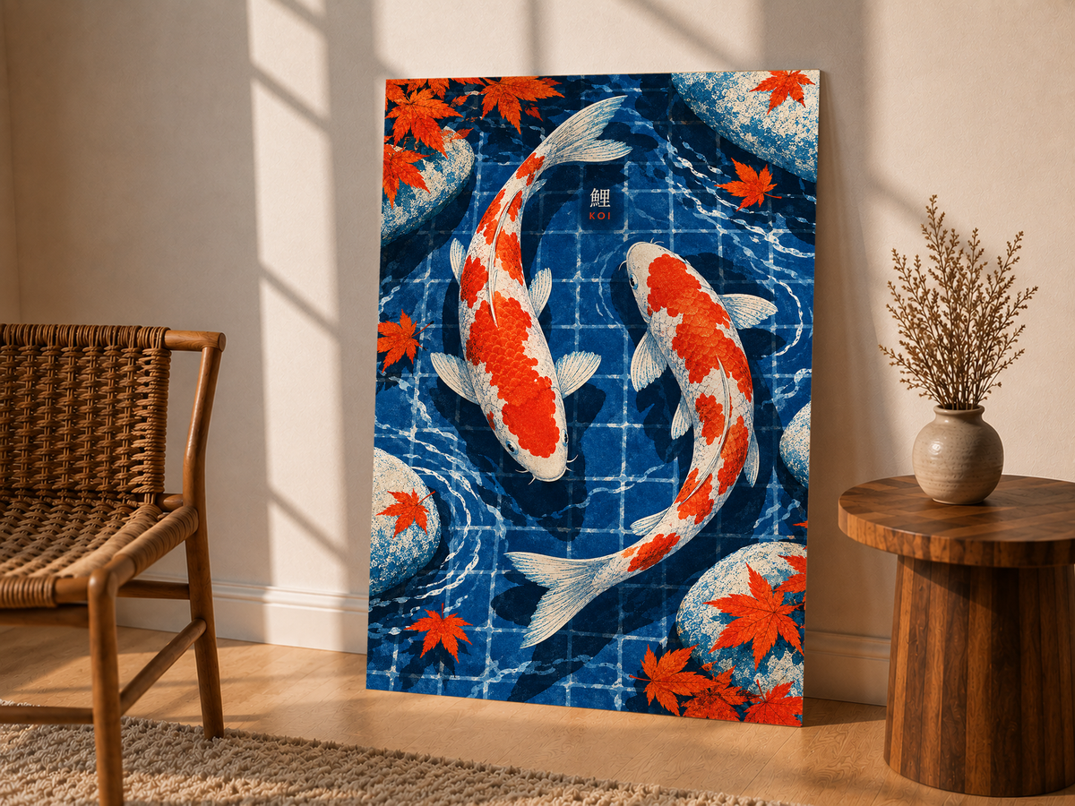 Koi pond art print with two red-and-white koi fish, surrounded by autumn maple leaves