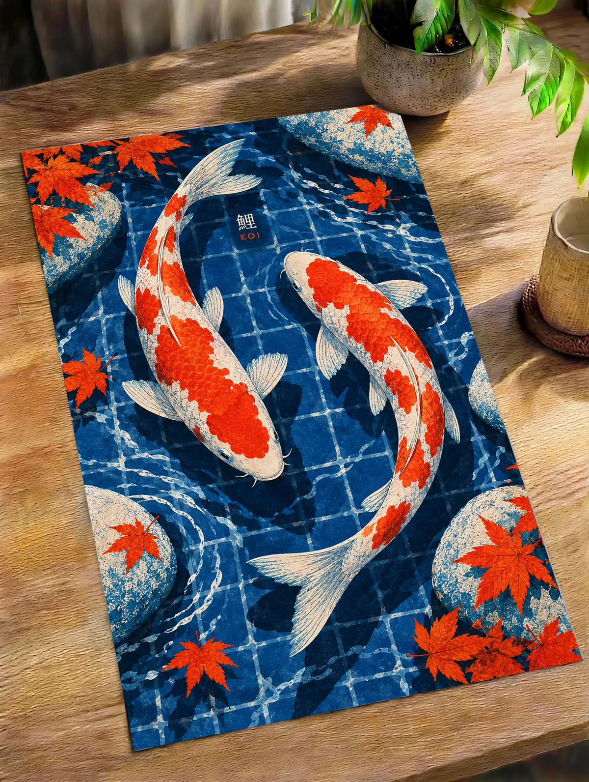 Folded view of koi pond art print showing two red-and-white koi and maple leaves