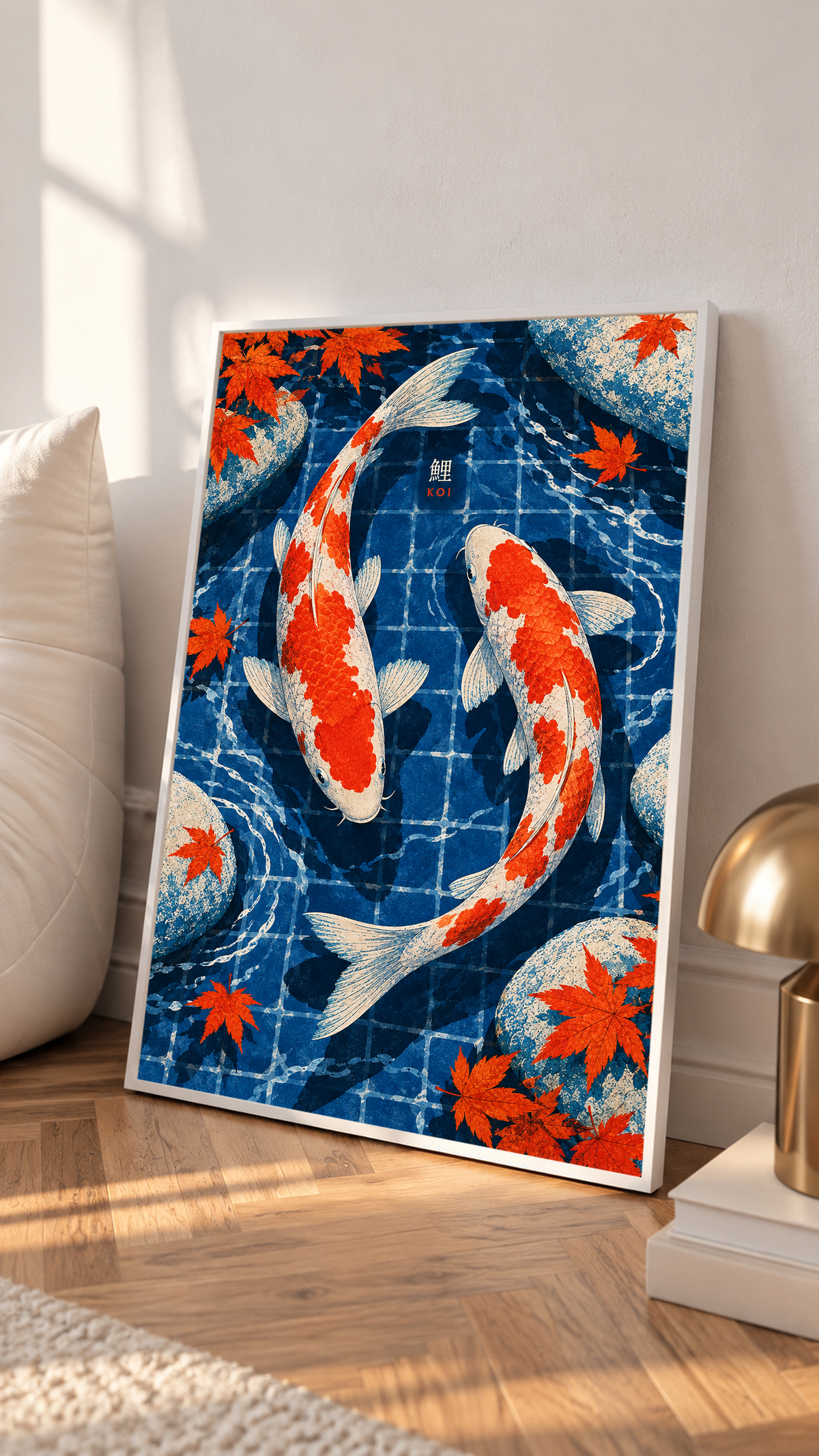 Koi pond art print in a light frame with red-and-white koi and orange maple leaves