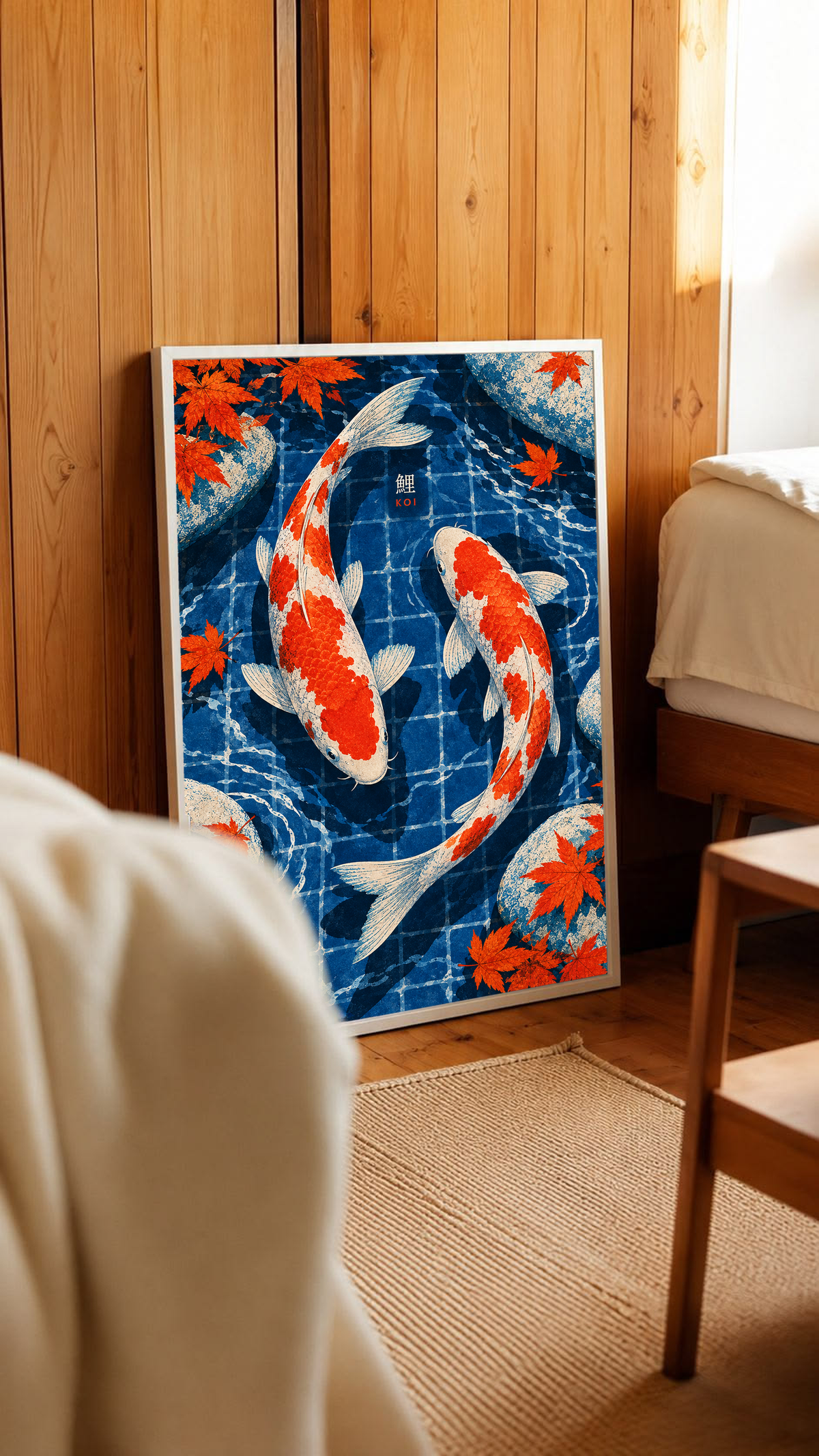Framed koi pond art print leaning in a room, with red-and-white koi and maple leaves