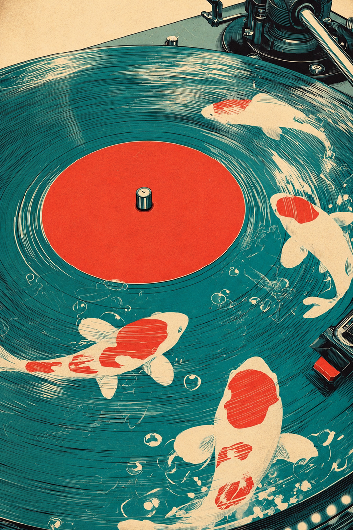 Koi Vinyl Record Art Print featuring orange and red koi circling a dark vinyl record in deep blue water
