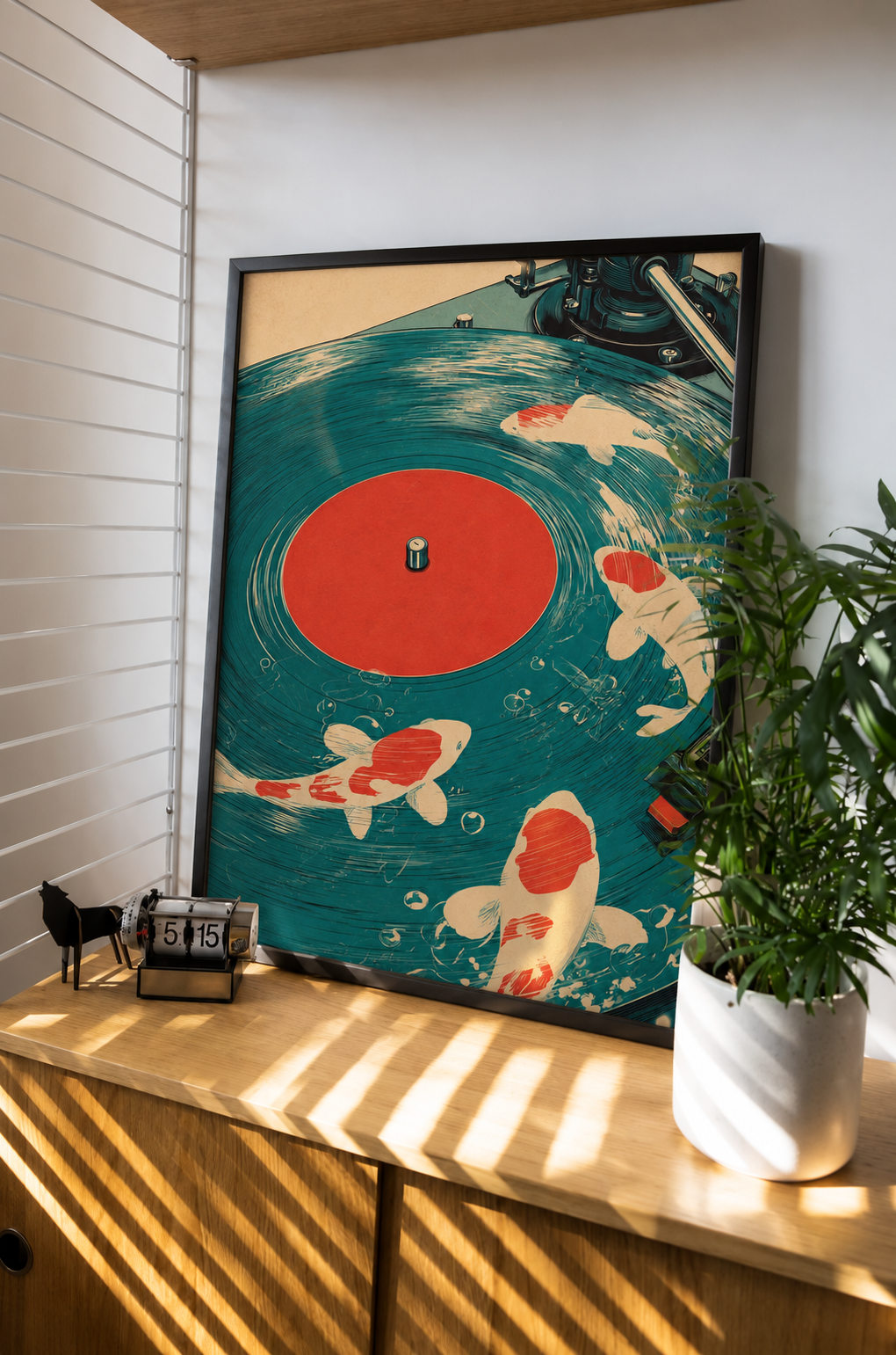 Koi Vinyl Record Art Print displayed in a contemporary interior with deep blue and warm red accents