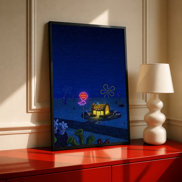 Krusty Krab nighttime scene in a black frame on a red cabinet beside a cream lamp