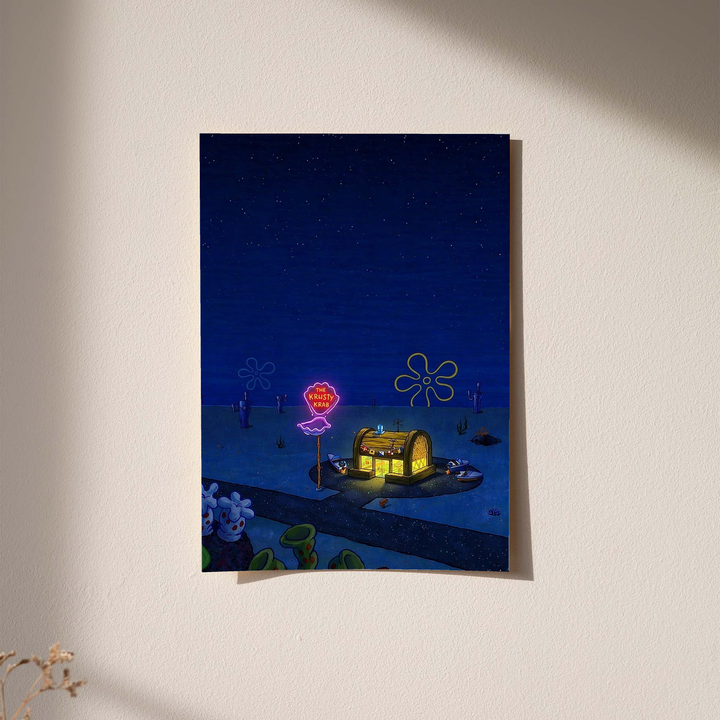 Krusty Krab nighttime scene as an unframed print against a pale plaster wall with soft shadows