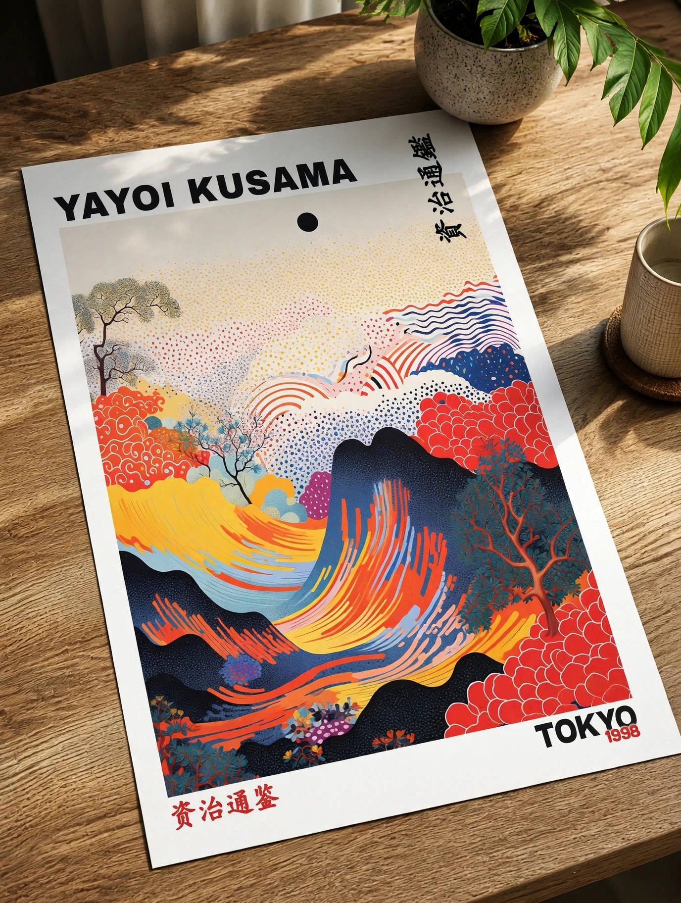 Wave art print with Yayoi Kusama title, colorful waves and clouds, unframed poster