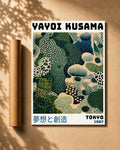 Unframed wall art poster with Yayoi Kusama botanical dot pattern in green and blue