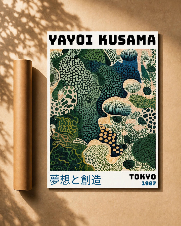 Japanese Botanical Pattern Wall Poster featuring layered green botanical motifs, flowing organic shapes, and contemporary Japanese inspired design.