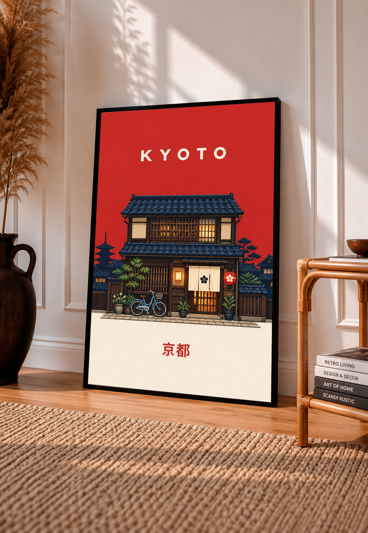 Black-framed KYOTO poster featuring illustrated machiya house, bicycle, warm windows.