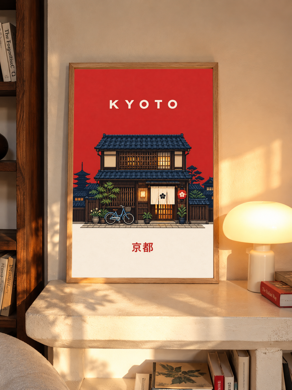 Wood-framed KYOTO poster showing illustrated machiya house, bicycle, warm window lights.