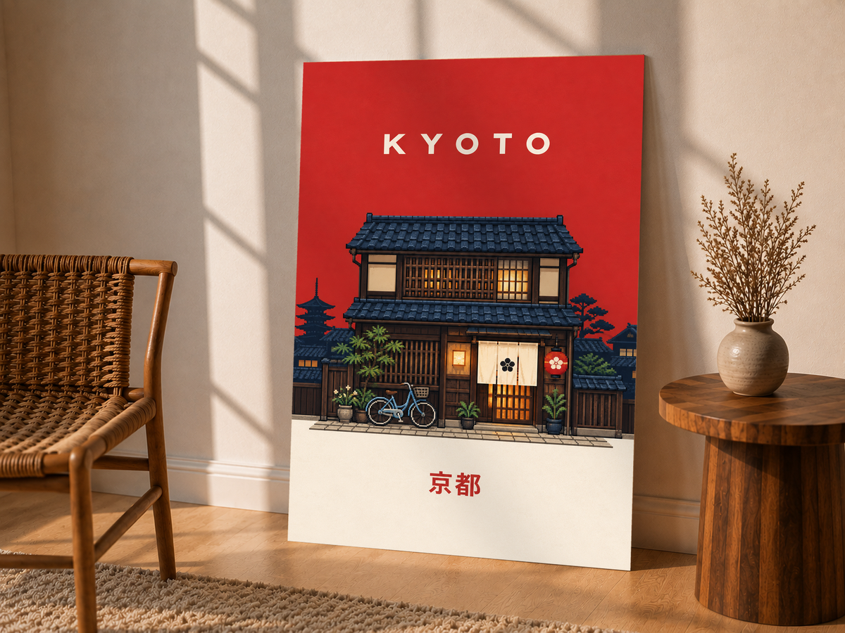 Vertical Kyoto house poster with red sky, warm window lights, and a bicycle illustration