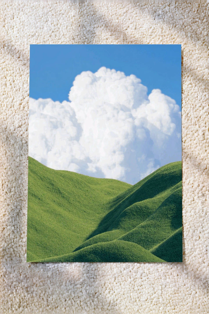 Cloud valley nature landscape wall art print with green rolling hills and fluffy clouds