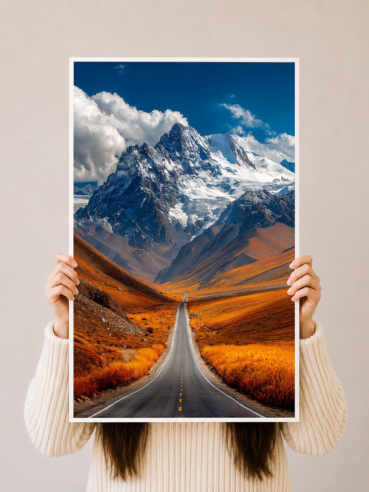 Mountain Road Art Print featuring an autumn valley, rugged mountains and deep blue sky