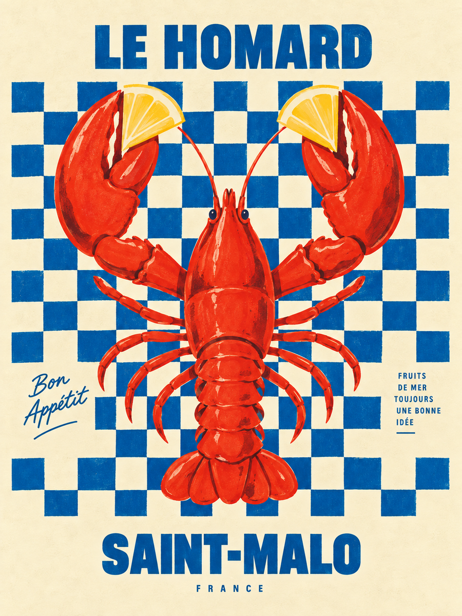 Le Homard Saint-Malo lobster kitchen wall art poster with red lobster and blue checkerboard