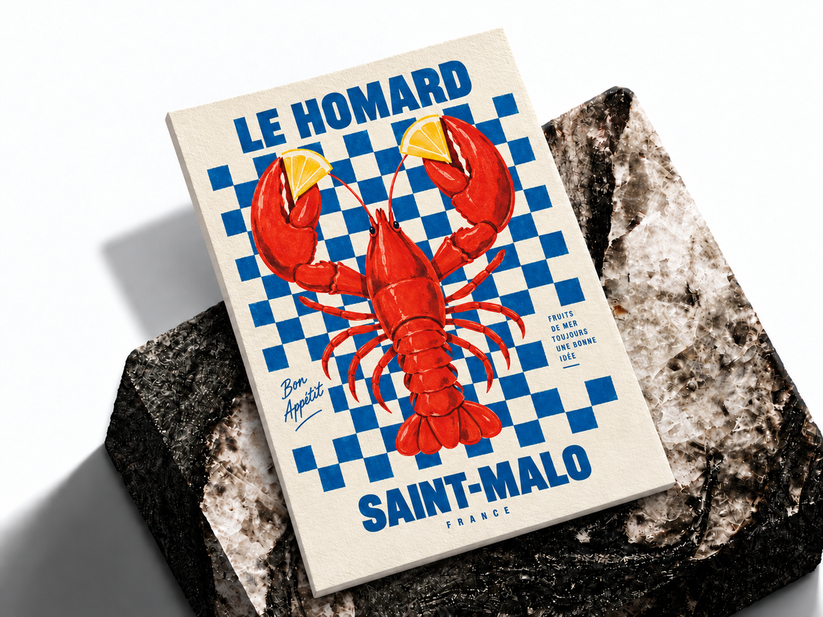 Lobster kitchen wall art print on dark stone surface, red lobster on blue checkerboard