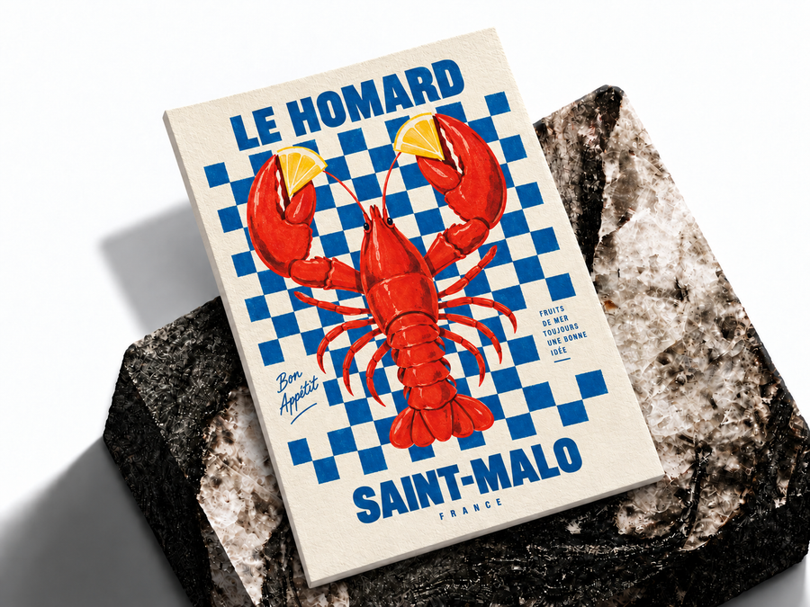 Le Homard Saint-Malo lobster poster shown as a premium art print mockup