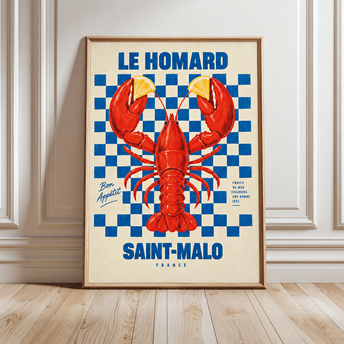 Lobster kitchen wall art framed print with red lobster and blue checker pattern