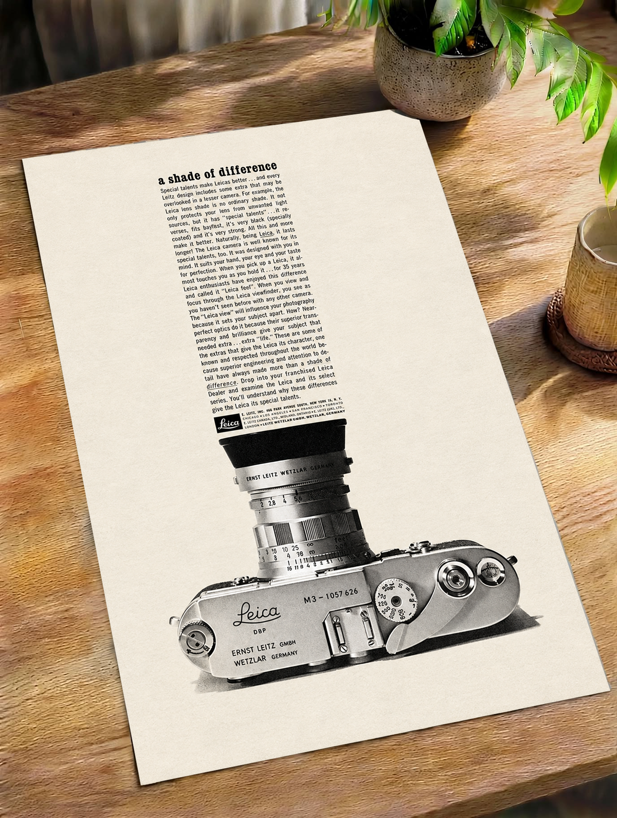 A monochrome Leica camera beneath a tall column of advertising typography as an unframed poster lying on a wooden table beside a plant