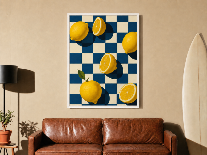 Lemon Grid framed wall art styled above a brown leather sofa