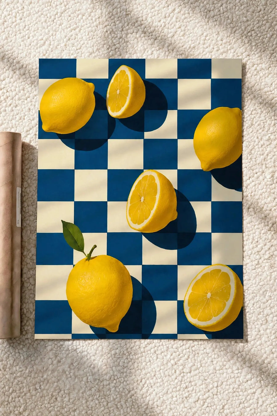 Lemon grid wall art print with yellow lemons on blue-and-white checkerboard