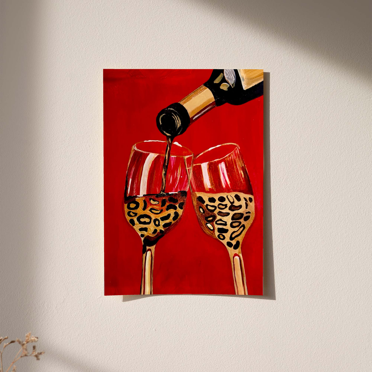 Wall-hung wine poster featuring a bottle pouring into two leopard-pattern glasses on red