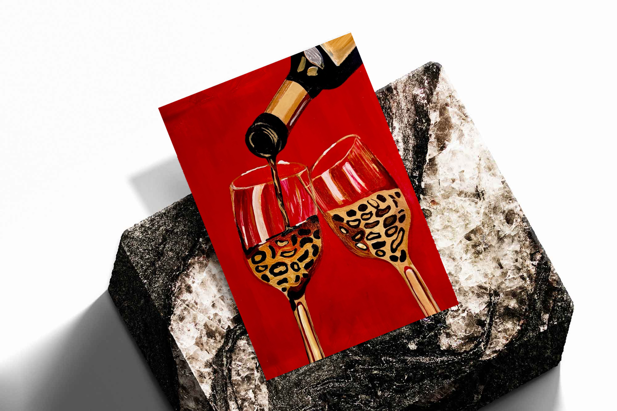 Wine poster with bottle pouring into two leopard-pattern glasses on red, on textured stone