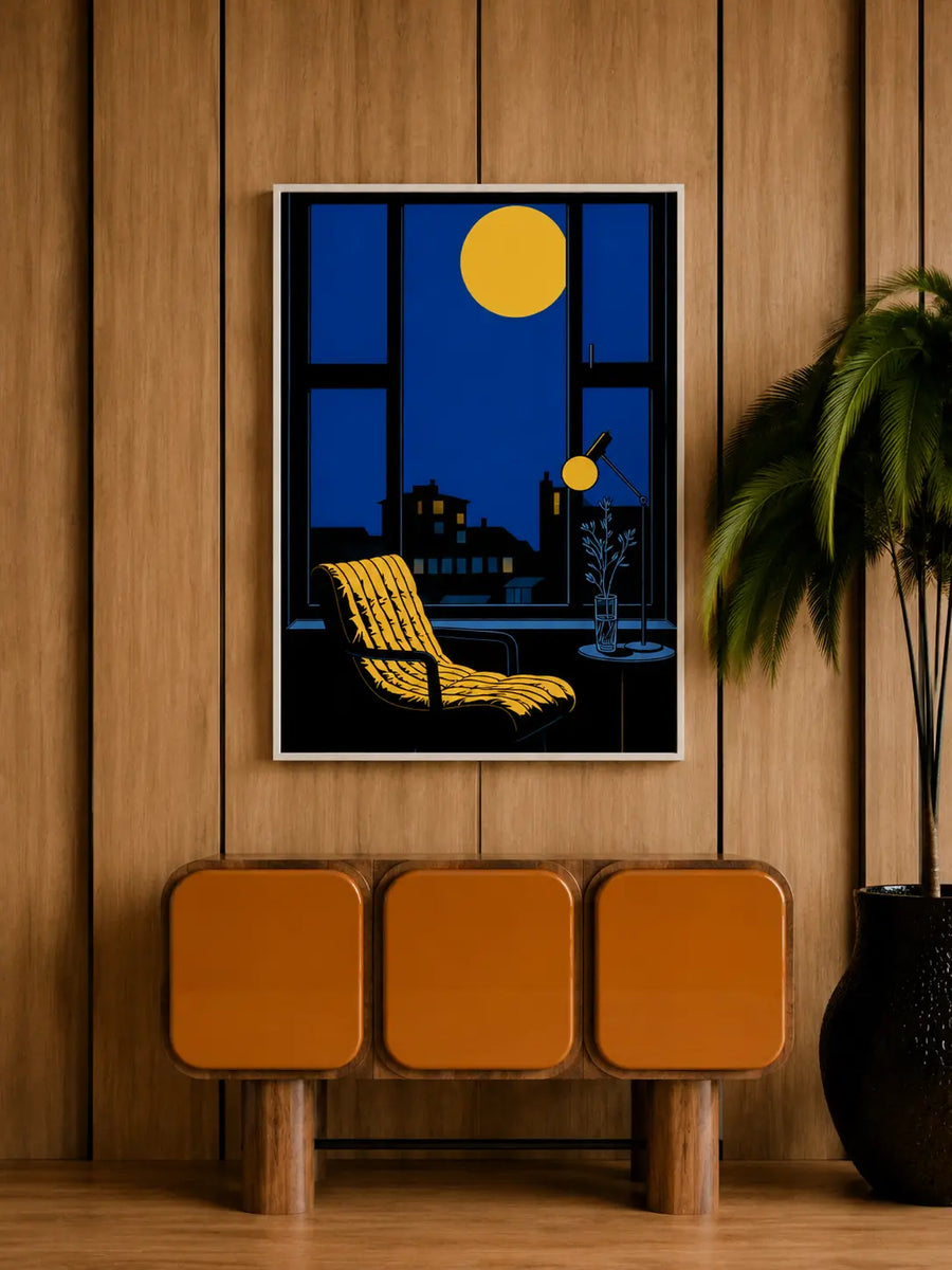 alt
Impresión artística mural en marco de roble con escena nocturna de ventana azul, luna amarilla, silla y vaso