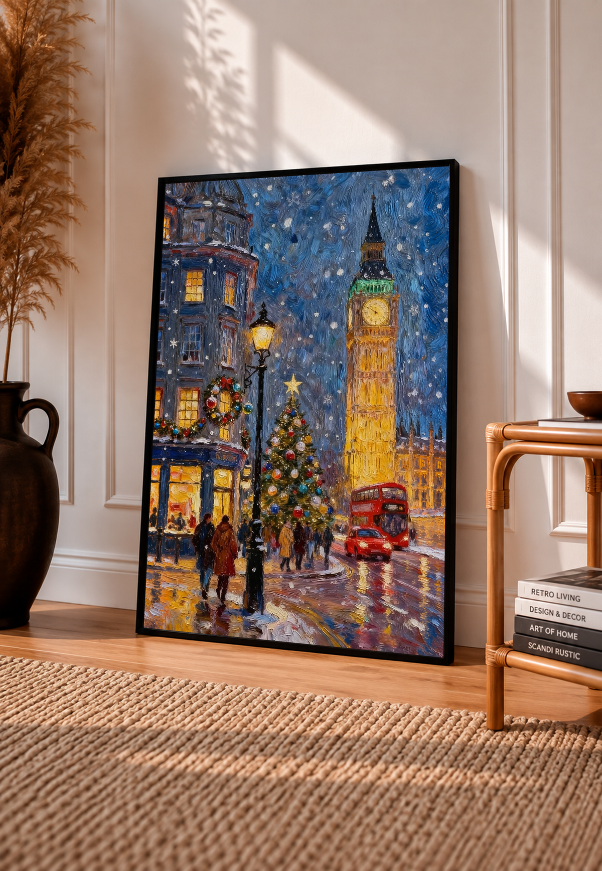 Black-framed art print of snowy London street with Big Ben glow and red double-decker bus.