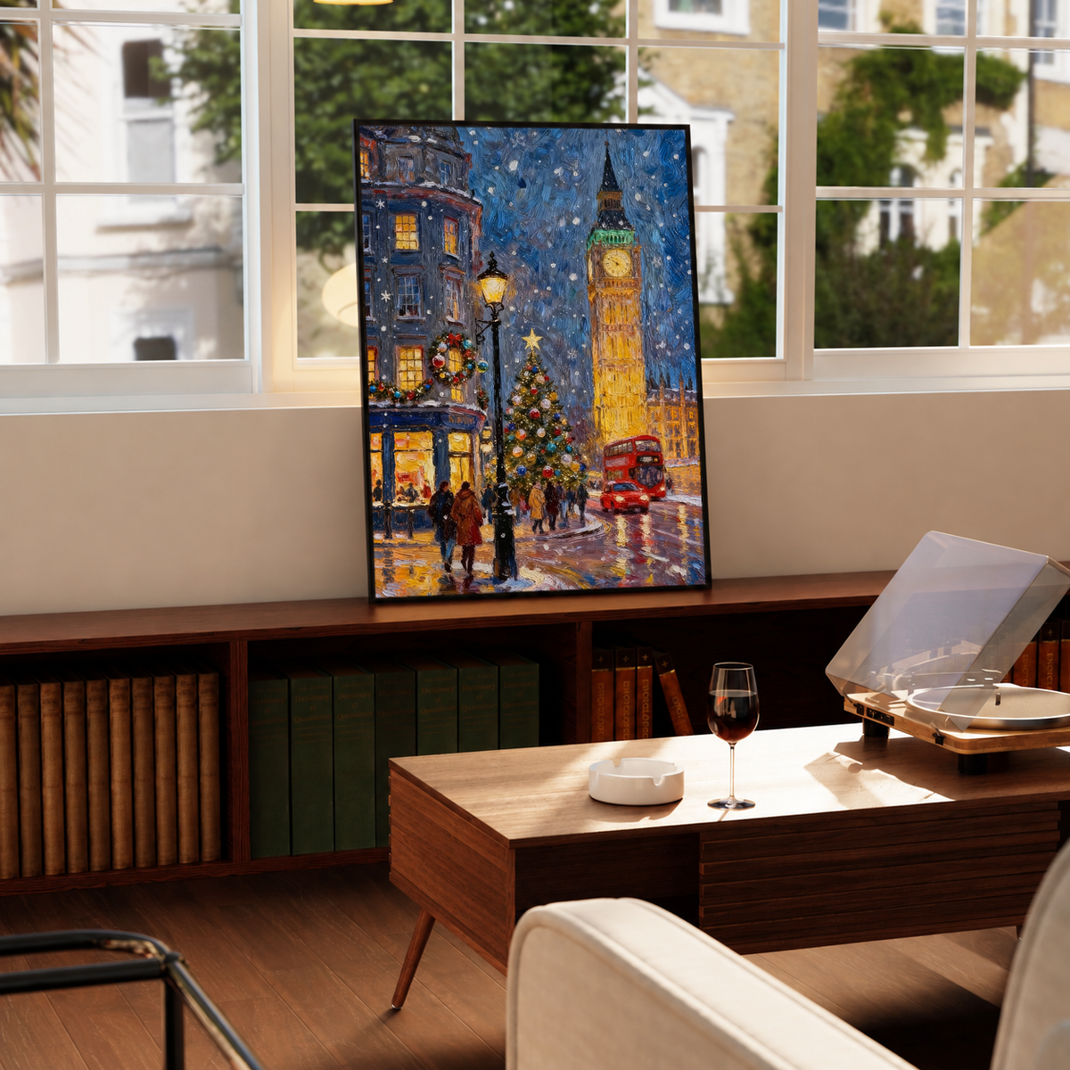 Framed wall print of snowy London night with Big Ben, decorated trees, and red double-decker bus.