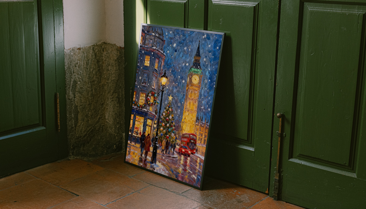 Framed print of snowy London street with Big Ben clock glow and red double-decker bus.