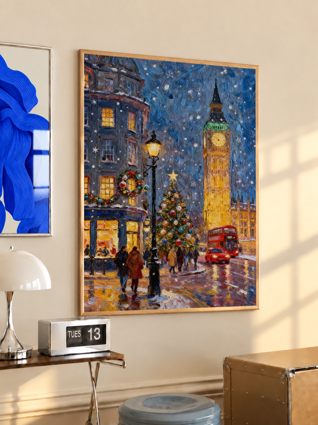 Framed snowy London night print with festive trees, Big Ben clock, and red double-decker bus.