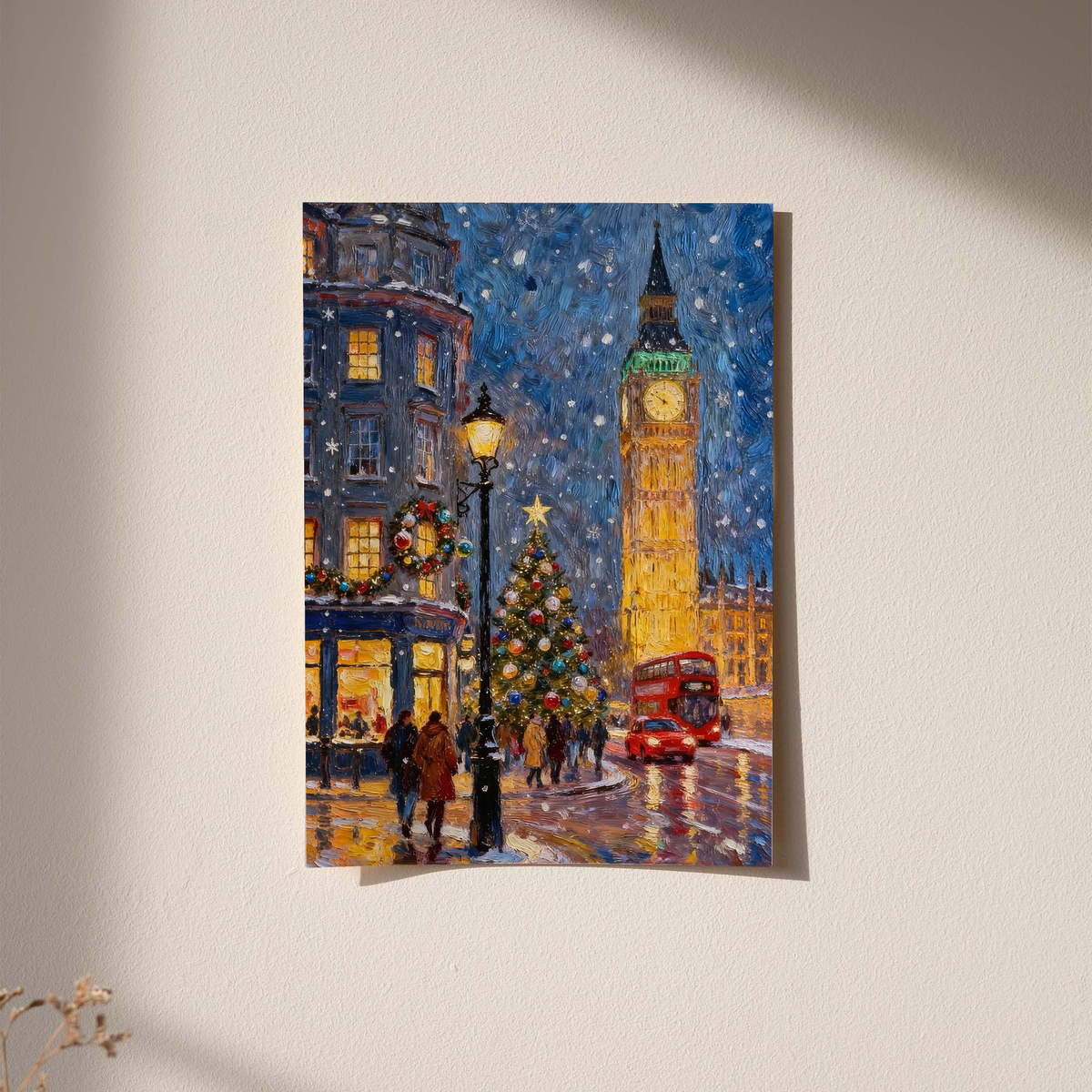 Small framed wall print showing snowy London night with Big Ben and red double-decker bus.