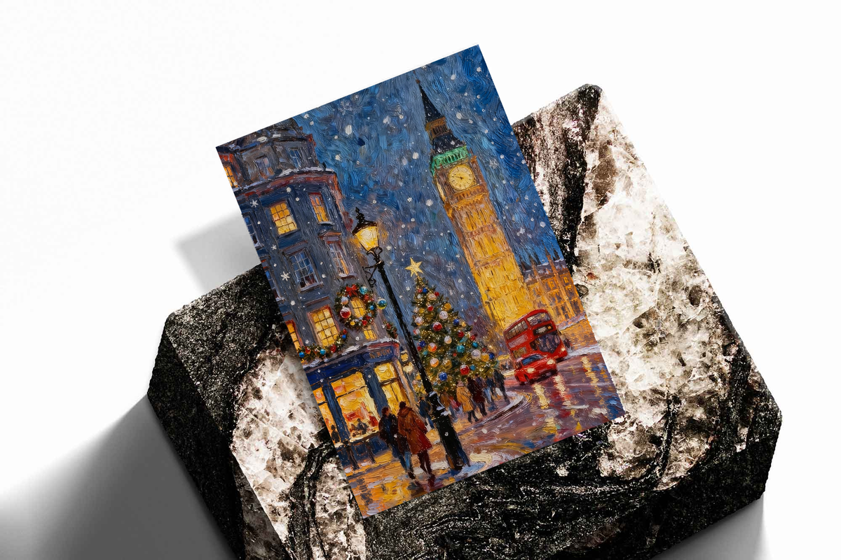 Angled canvas print of snowy London street with Big Ben glow and red double-decker bus.