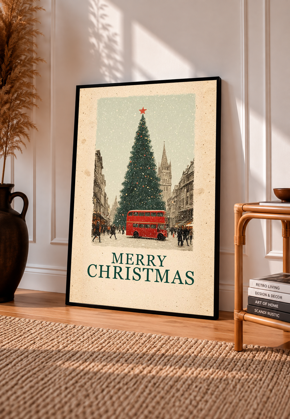 Black-framed Christmas poster with red bus, evergreen tree, and “MERRY CHRISTMAS” text